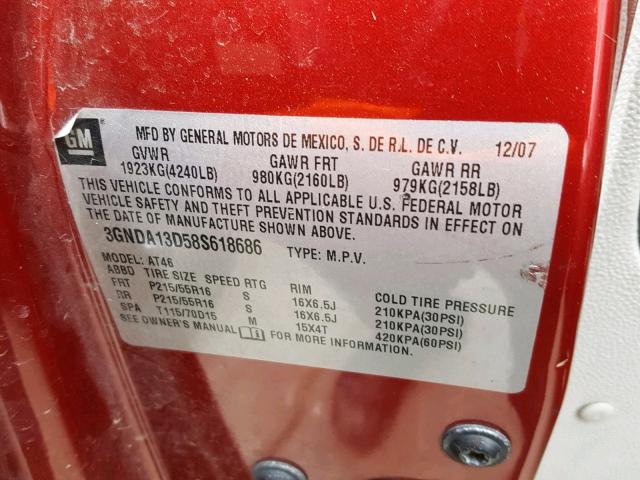 3GNDA13D58S618686 - 2008 CHEVROLET HHR LS მუქწითელი ფოტო 10