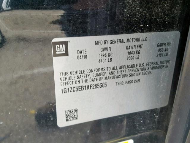 1G1ZC5EB1AF265605 - 2010 CHEVROLET MALIBU 1LT BLACK photo 10