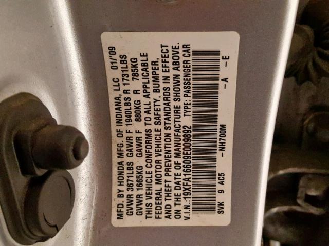 19XFA16609E009892 - 2009 HONDA CIVIC LX-S Gümüş foto 10