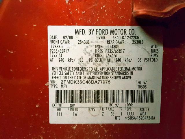 2FMDK36C48BA77975 - 2008 FORD EDGE SE ORANGE photo 10