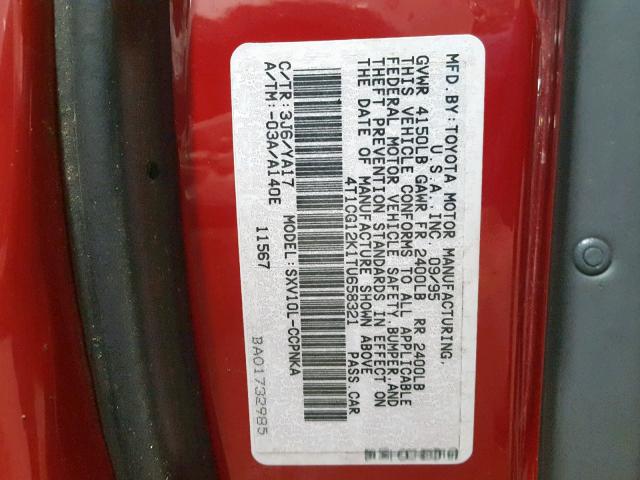 4T1CG12K1TU658321 - 1996 TOYOTA CAMRY DX RED photo 10