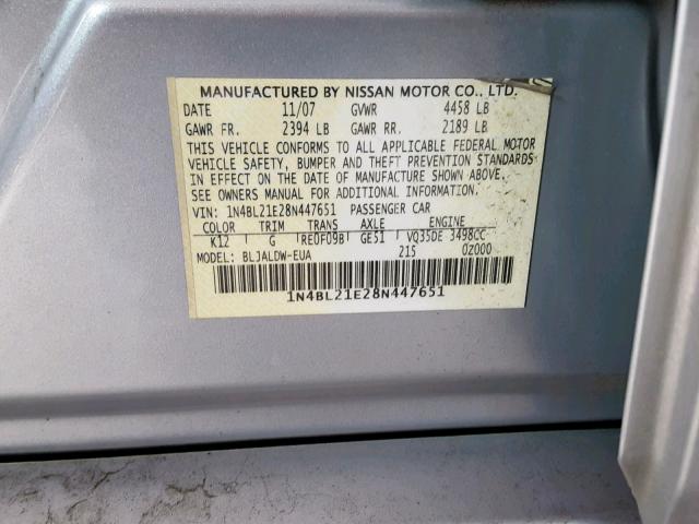 1N4BL21E28N447651 - 2008 NISSAN ALTIMA 3.5 SILVER photo 10