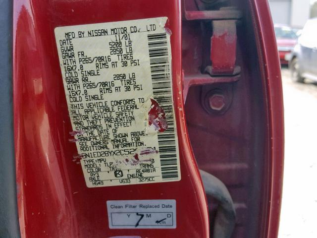 5N1ED28YX2C529601 - 2002 NISSAN XTERRA XE RED photo 10