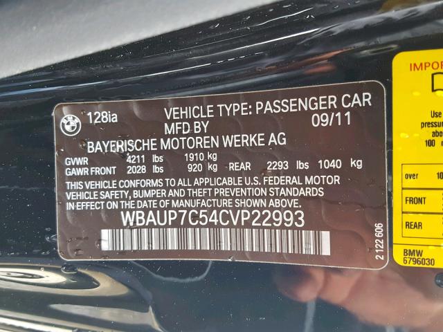 WBAUP7C54CVP22993 - 2012 BMW 128 I BLACK photo 10