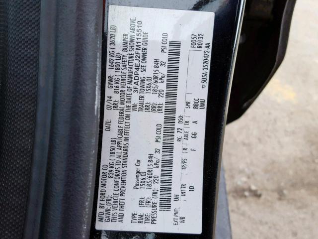 3FADP4EJ2FM115510 - 2015 FORD FIESTA SE BLACK photo 10