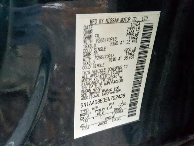 5N1AA08B35N702438 - 2005 NISSAN ARMADA SE GREEN photo 10