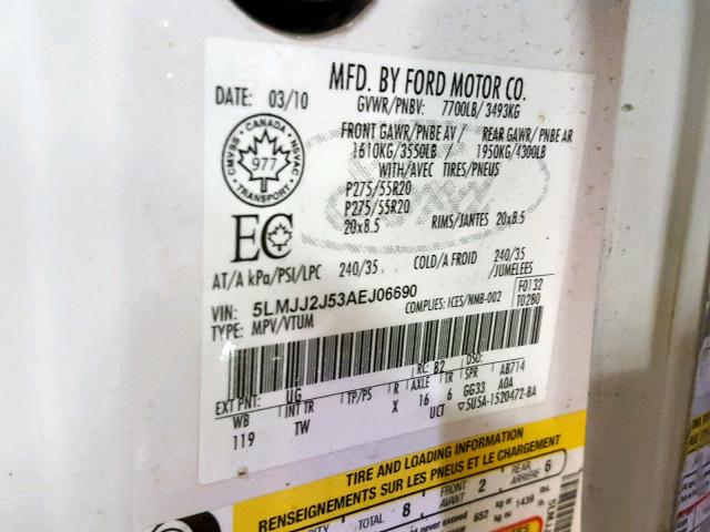 5LMJJ2J53AEJ06690 - 2010 LINCOLN NAVIGATOR WHITE photo 10