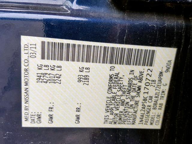 1N4AL2AP5BC170722 - 2011 NISSAN ALTIMA BAS BLUE photo 10