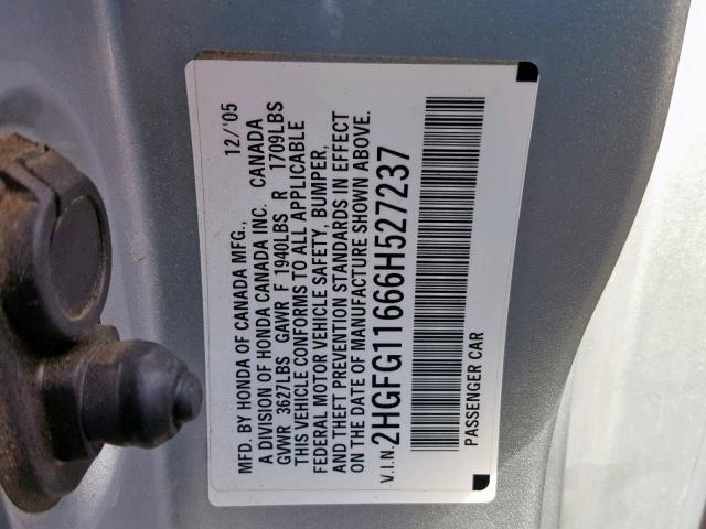 2HGFG11666H527237 - 2006 HONDA CIVIC LX SILVER photo 10