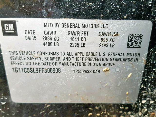 1G11C5SL9FF306998 - 2015 CHEVROLET MALIBU 1LT 黑色 照片 10