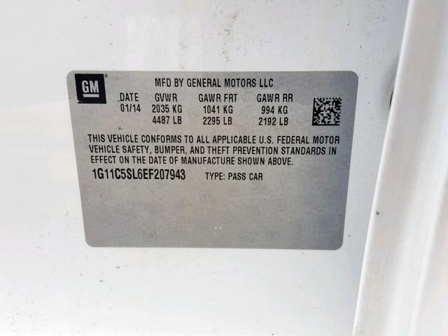 1G11C5SL6EF207943 - 2014 CHEVROLET MALIBU 1LT WHITE photo 10