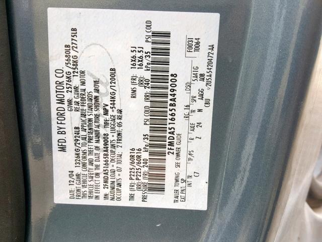 2FMDA51665BA49008 - 2005 FORD FREESTAR S BLUE photo 10