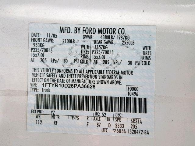 1FTYR10D26PA36628 - 2006 FORD RANGER WHITE photo 10