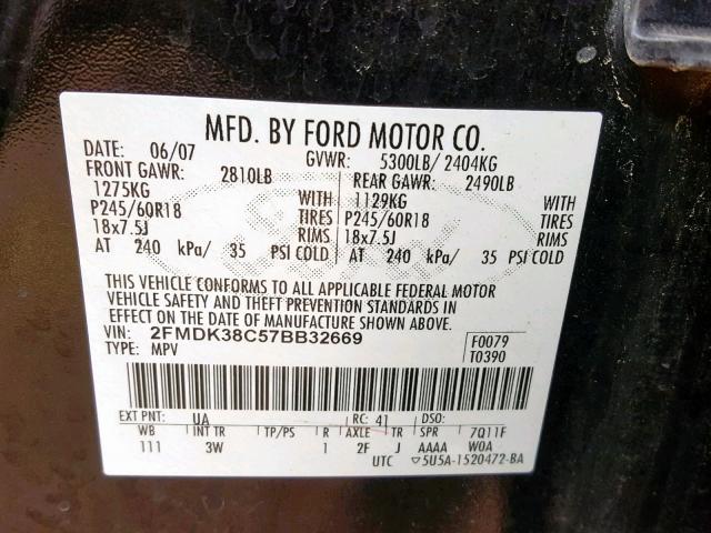 2FMDK38C57BB32669 - 2007 FORD EDGE SEL BLACK photo 10