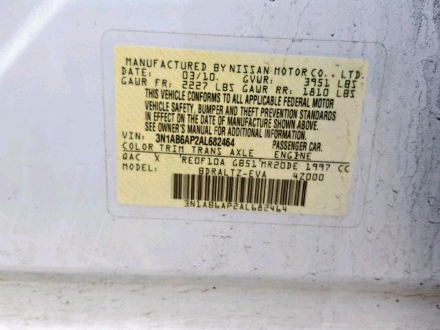 3N1AB6AP2AL682464 - 2010 NISSAN SENTRA 2.0 WHITE photo 10