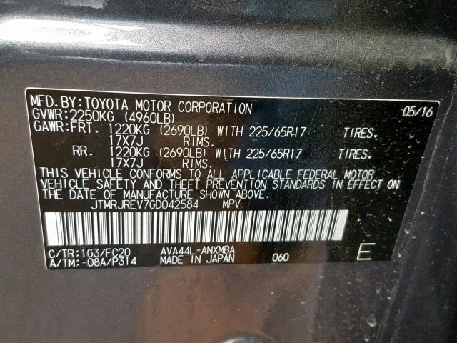 JTMRJREV7GD042584 - 2016 TOYOTA RAV4 HV XL GRAY photo 10