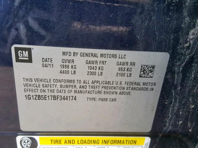 1G1ZB5E17BF344174 - 2011 CHEVROLET MALIBU LS BLUE photo 10