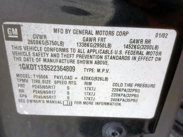 1GKDT13S522364809 - 2002 GMC ENVOY BLACK photo 10