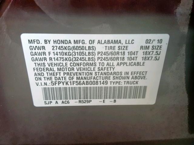 5FPYK1F56AB008149 - 2010 HONDA RIDGELINE RED photo 10