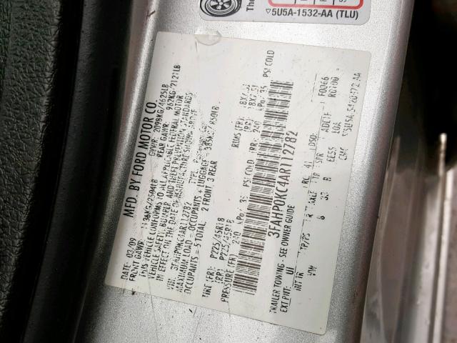 3FAHP0KC4AR112782 - 2010 FORD FUSION SPO SILVER photo 10