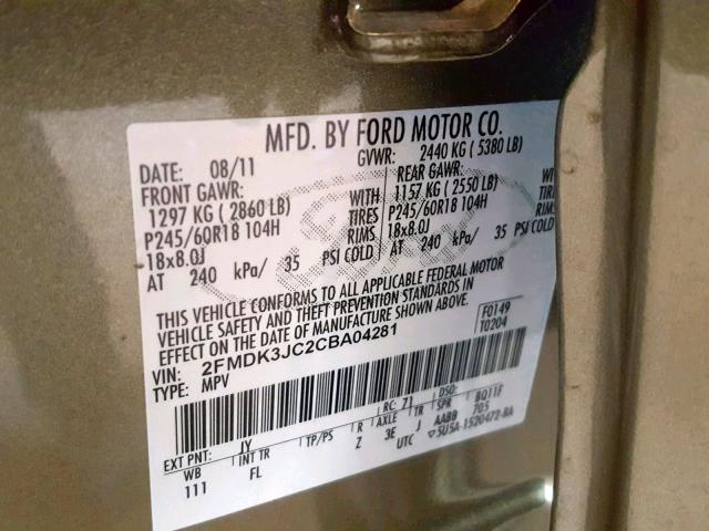 2FMDK3JC2CBA04281 - 2012 FORD EDGE SEL GREEN photo 10