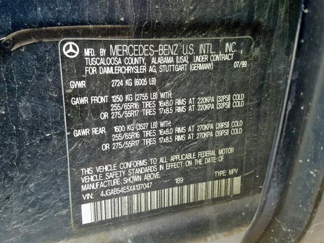 4JGAB54E5XA137047 - 1999 MERCEDES-BENZ ML 320 BLUE photo 10