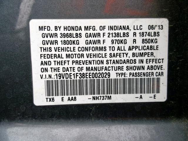 19VDE1F38EE002029 - 2014 ACURA ILX 20 GRAY photo 10