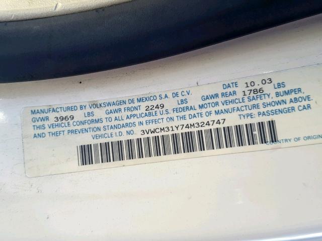 3VWCM31Y74M324747 - 2004 VOLKSWAGEN NEW BEETLE WHITE photo 10