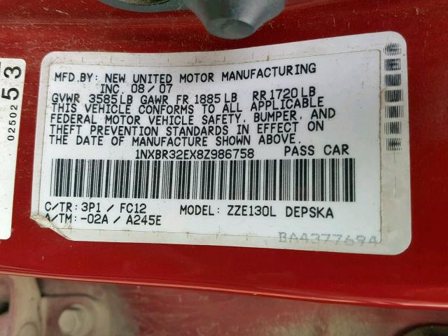 1NXBR32EX8Z986758 - 2008 TOYOTA COROLLA S RED photo 10