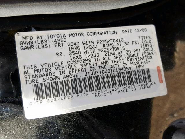 JTJHF10U310194354 - 2001 LEXUS RX 300 BLACK photo 10