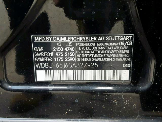 WDBUF65J63A327925 - 2003 MERCEDES-BENZ E 320 BLACK photo 10