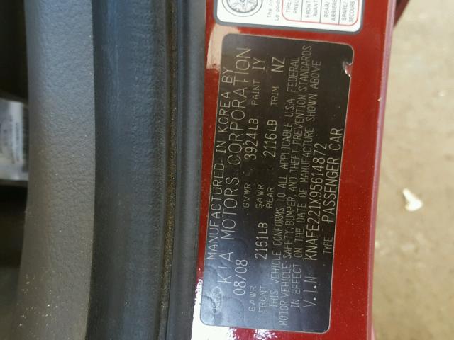 KNAFE221X95614872 - 2009 KIA SPECTRA EX RED photo 10