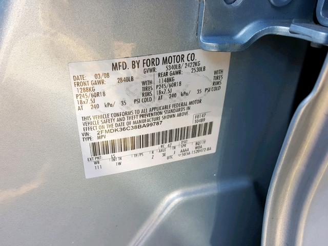 2FMDK36C38BA99787 - 2008 FORD EDGE SE BLUE photo 10