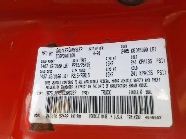 1B7GL22X51S306287 - 2001 DODGE DAKOTA RED photo 10