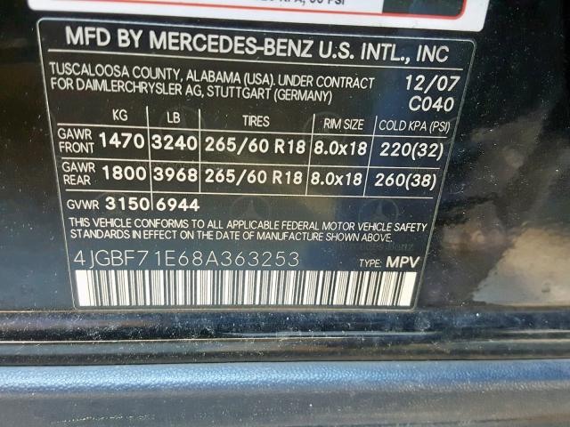 4JGBF71E68A363253 - 2008 MERCEDES-BENZ GL 450 4MA BLACK photo 10