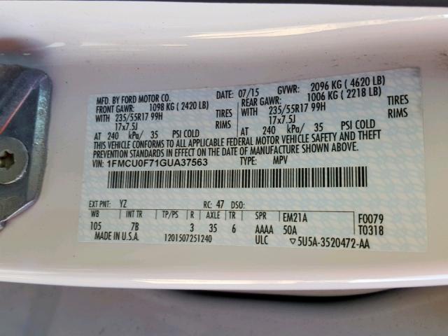 1FMCU0F71GUA37563 - 2016 FORD ESCAPE S WHITE photo 10