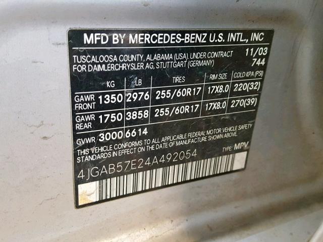 4JGAB57E24A492054 - 2004 MERCEDES-BENZ ML 350 SILVER photo 10