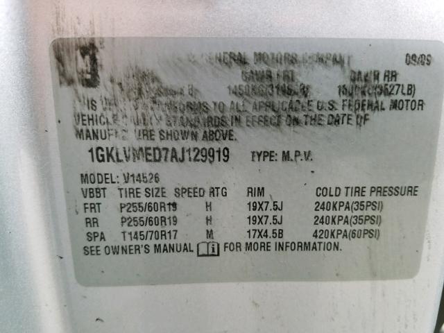 1GKLVMED7AJ129919 - 2010 GMC ACADIA SLT-1  photo 10