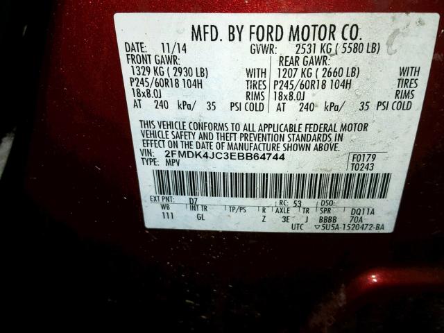 2FMDK4JC3EBB64744 - 2014 FORD EDGE SEL RED photo 10