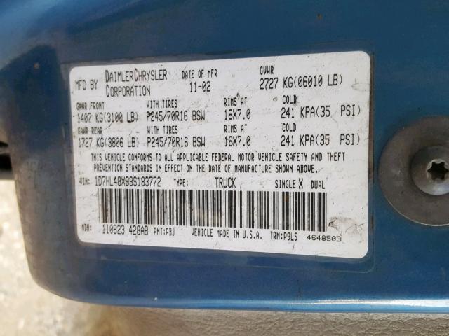 1D7HL48X93S183772 - 2003 DODGE DAKOTA QUA BLUE photo 10