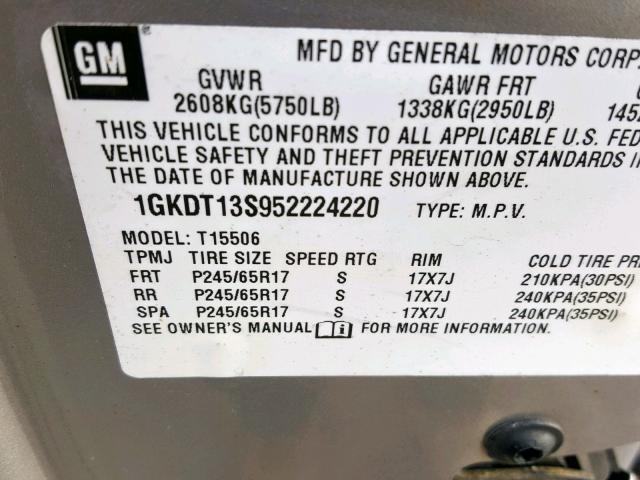 1GKDT13S952224220 - 2005 GMC ENVOY SILVER photo 10