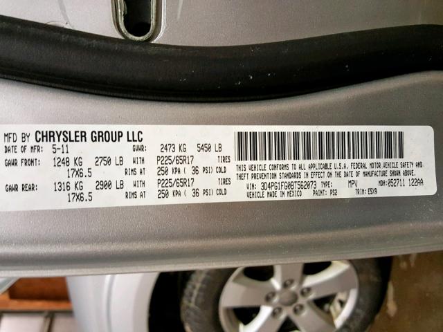 3D4PG1FG0BT562073 - 2011 DODGE JOURNEY MA SILVER photo 10