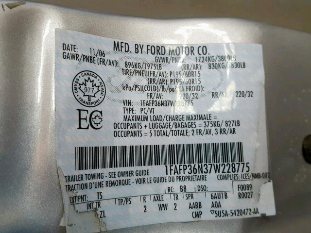 1FAFP36N37W228775 - 2007 FORD FOCUS ZXW SILVER photo 10