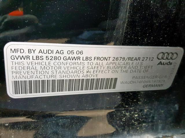 WAUDH74F06N191929 - 2006 AUDI A6 3.2 QUA BLACK photo 10