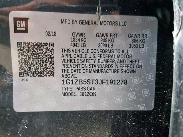 1G1ZB5ST3JF191278 - 2018 CHEVROLET MALIBU LS 石墨色 照片 10