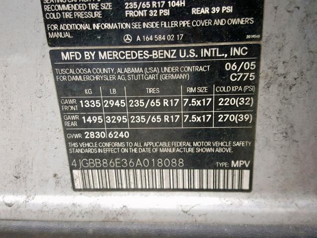 4JGBB86E36A018088 - 2006 MERCEDES-BENZ ML 350 SILVER photo 10