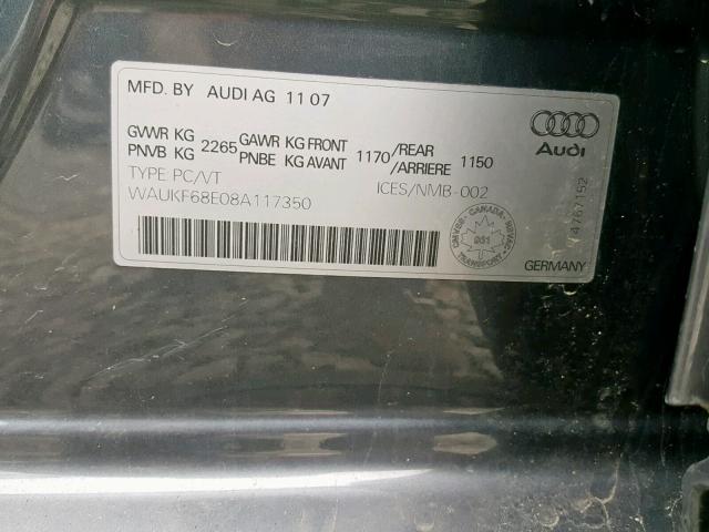 WAUKF68E08A117350 - 2008 AUDI A4 2.0T AV GRAY photo 10