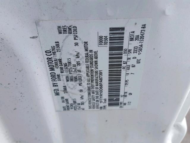 1FTYR10D68PA87391 - 2008 FORD RANGER WHITE photo 10