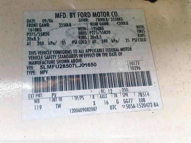 5LMFU28507LJ01650 - 2007 LINCOLN NAVIGATOR Ақ фото 10