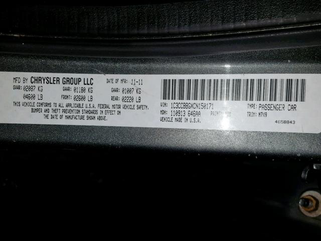 1C3CCBBGXCN150171 - 2012 CHRYSLER 200 TOURIN GRAY photo 10